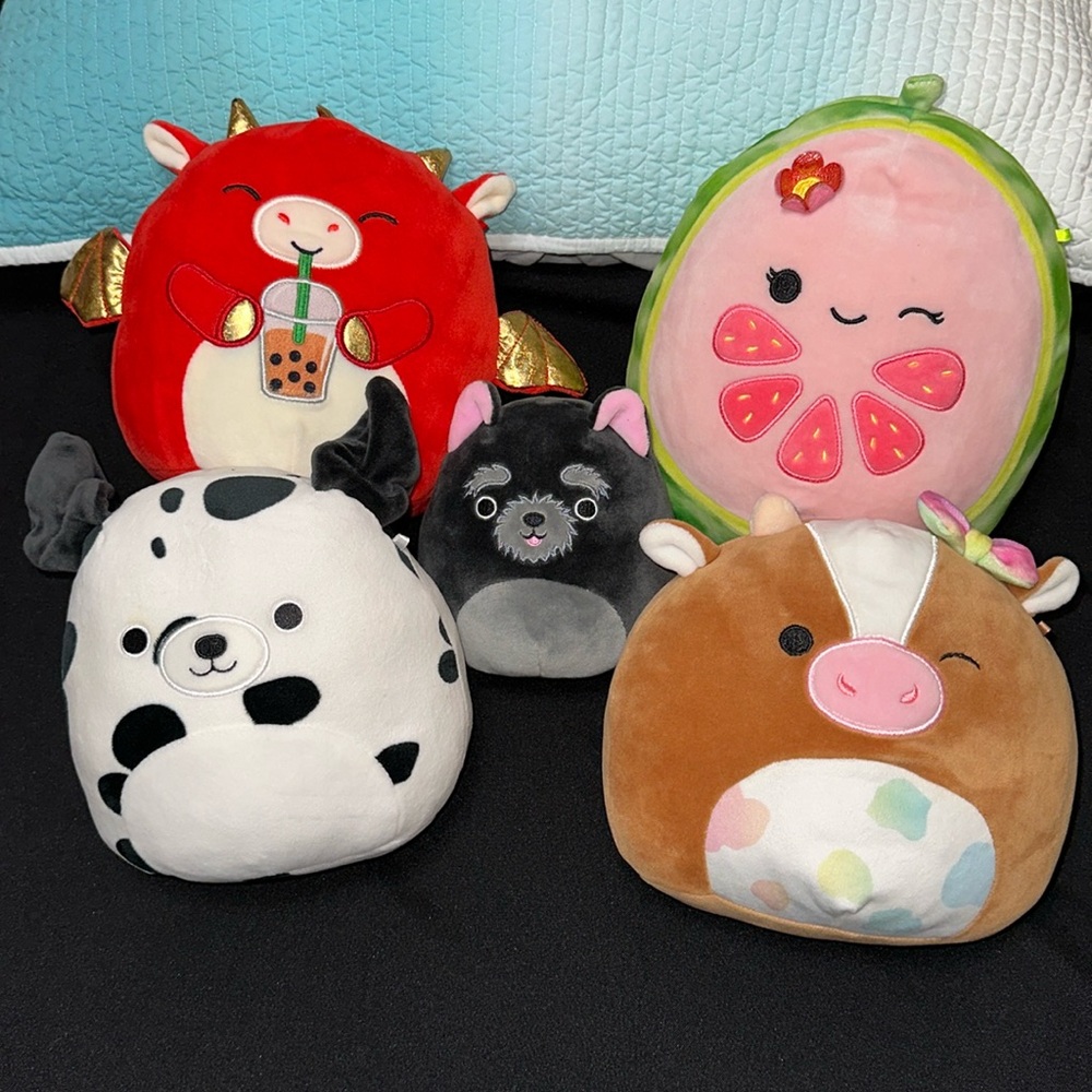 Squishmallows collection of‎ 5 cow, Dalmatian, dragon, watermelon, dog
